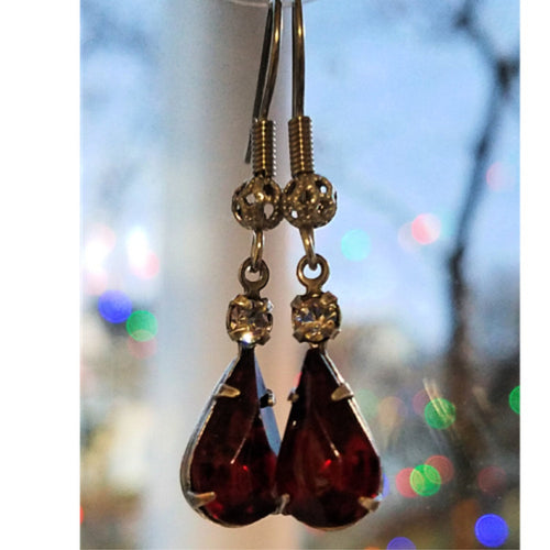 Vintage Ruby and Clear Crystal Earrings, hanging.