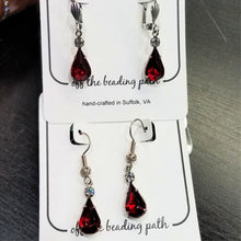 Load image into Gallery viewer, Vintage Ruby and Clear Crystal Earrings on earring cards.
