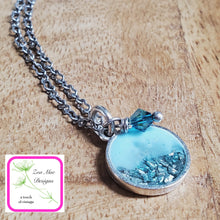 Load image into Gallery viewer, Antique Silver Mini Glitter Necklace in Aqua with Turquoise Glitter.
