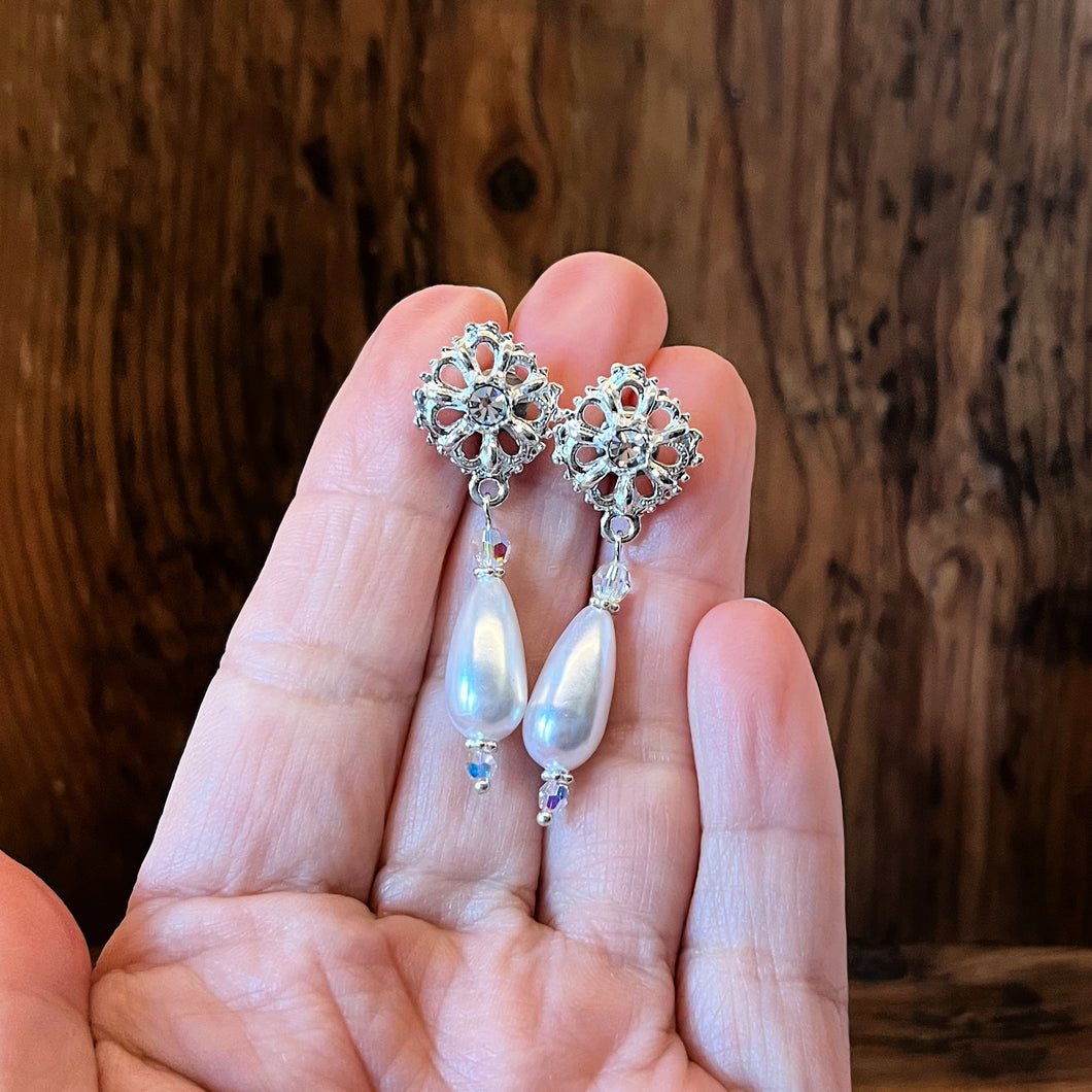 Crystal and Pearl Post Earrings