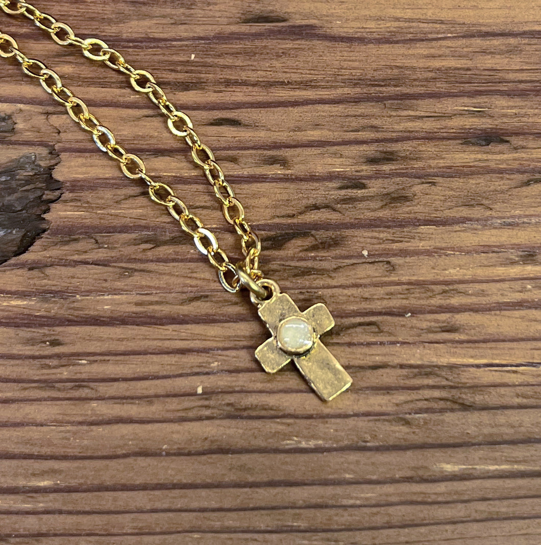 Tiny Cross Necklace in Antique Gold