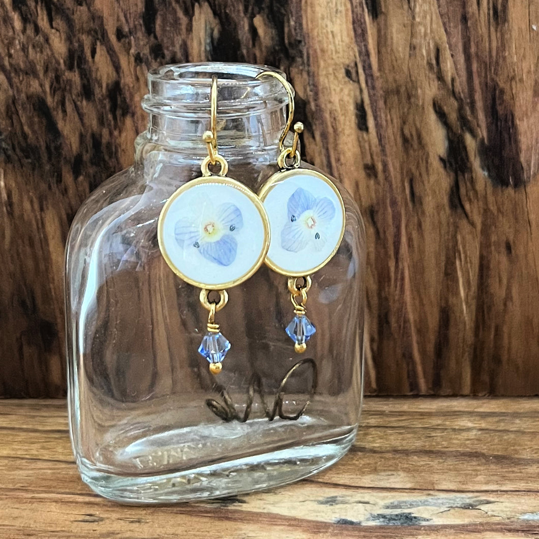 Tiny Blue Flower Earrings with Crystal Dangles