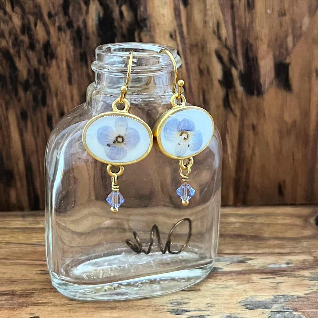 Tiny Blue Flower Oval Earrings with Crystal Dangles