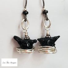Load image into Gallery viewer, Tiny Black Bird Earrings with Nest
