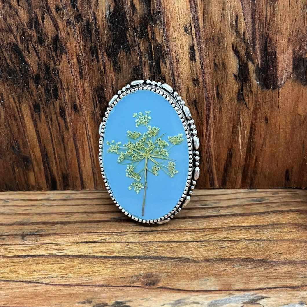 Queen Anne's Lace on Blue Convertible Brooch Pin