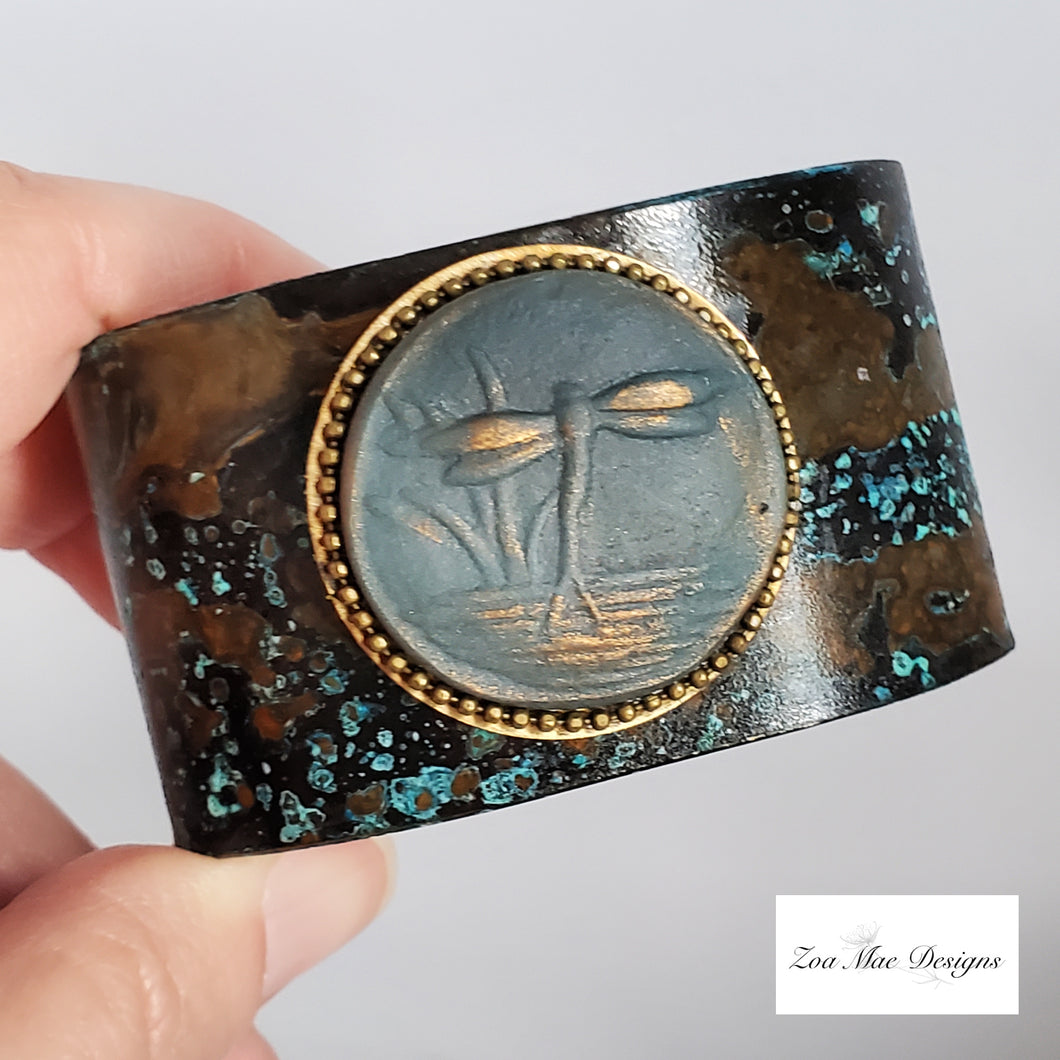 Patinaed Brass Cuff with Dragonfly Cabochon