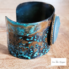 Load image into Gallery viewer, Patinaed Brass Cuff with Dragonfly Cabochon
