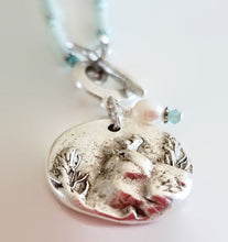 Load image into Gallery viewer, Amazonite and Pearl Necklace with Bird Pendant close up of pendant.
