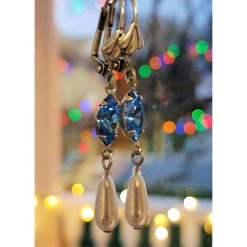Vintage Faux Pearl and Sapphire Crystal Earrings, hanging.