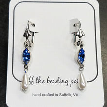 Load image into Gallery viewer, Vintage Faux Pearl and Sapphire Crystal Earrings on earring card.
