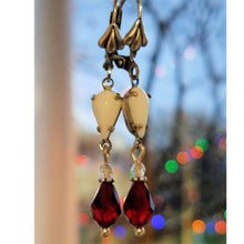 Load image into Gallery viewer, Vintage Milk Glass Crystal and Siam Swarovski Earrings hanging.
