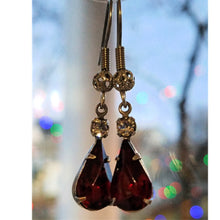 Load image into Gallery viewer, Vintage Ruby and Clear Crystal Earrings, hanging.
