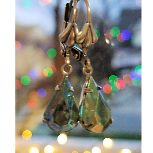 Vintage Aquamarine AB Crystal Earrings, hanging.