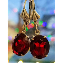 Load image into Gallery viewer, Vintage Ruby Crystal Earrings hanging.
