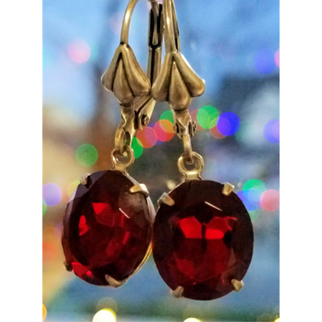 Vintage Ruby Crystal Earrings hanging.