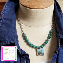 Load image into Gallery viewer, Antique Silver Gemstone and Glitter Necklace on model.
