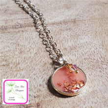 Load image into Gallery viewer, Antique Gold Mini Glitter Necklace in Orange with Orange Glitter.
