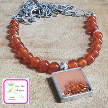 Load image into Gallery viewer, Antique Silver Gemstone and Glitter Necklace in Carnelian with Orange Glitter.
