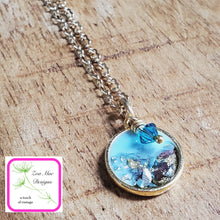 Load image into Gallery viewer, Antique Gold Mini Glitter Necklace in Aqua with Mulit-colored Glitter.
