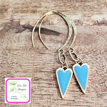 Load image into Gallery viewer, Antique Gold dangle heart earrings in Turquoise.
