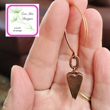 Load image into Gallery viewer, Back side of antique copper dangle heart earrings.
