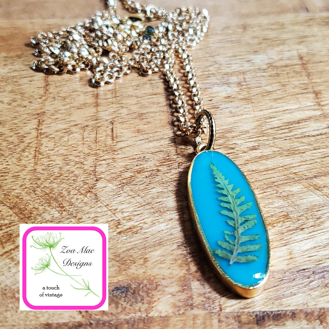 Grande Botanical Necklace with Encased Fern (Antique Gold and Turquoise)